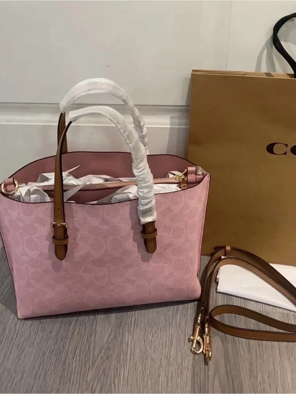 Coach Pink Signature Leather Shoulder Tote with Floral Charm